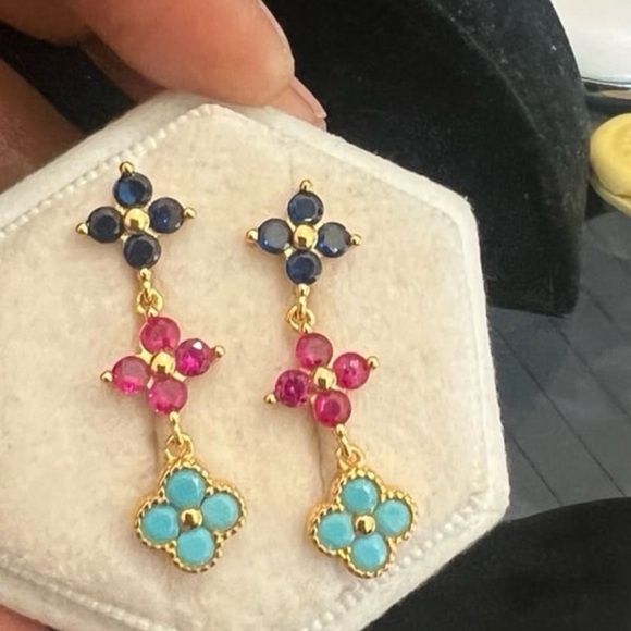 14kt gold plated clover multicolor ruby turquoise sapphire crystal earrings#338 - Picture 8 of 12